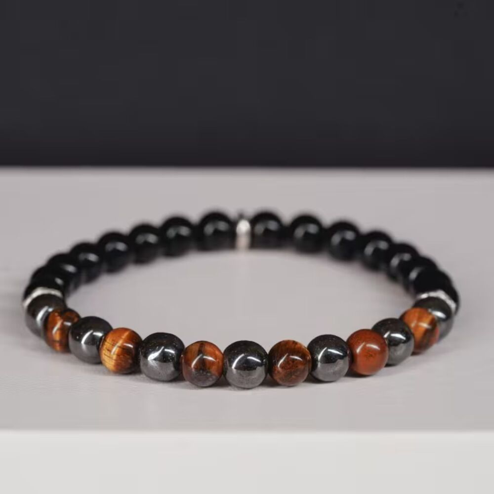 Tigers Eye & Hematite Beaded Bracelet 6mm Stretch Boho Gemstone Layer Mens Women